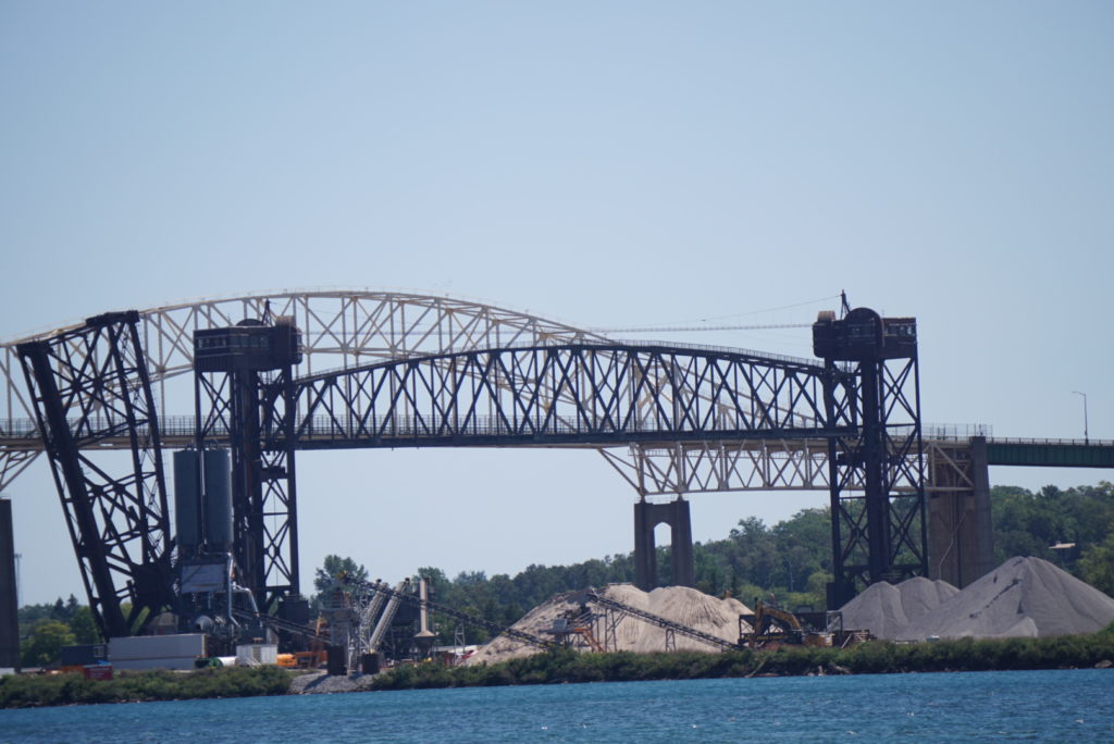This Sault Ste. Marie railway bridge has two towers, one on either side, that have staffed-offices at the top