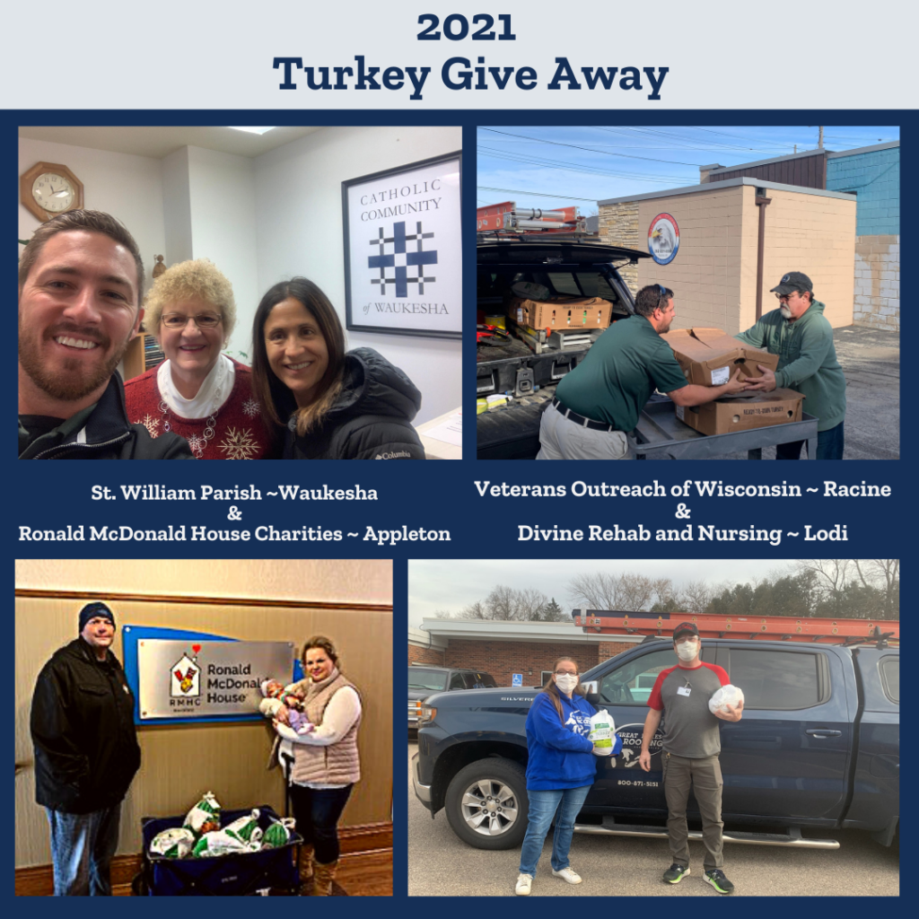Sales teams handing out turkeys around Wisconsin, four images ranging from Lodi, Appleton, Racine and Waukesha