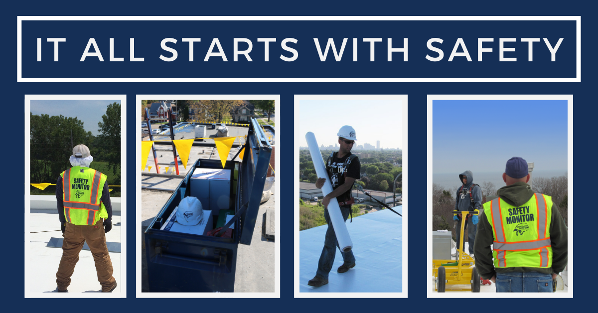 It all starts with Safety! 4 images of on-roof safety: safety monitors, our safety box, and a worker harnessed and tethered carrying a roll of roofing membrane