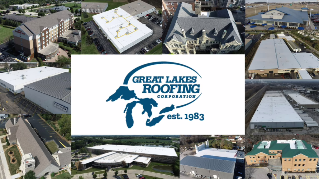 multiple photos of finished commercial roofing projects