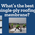 action shots of commercial roofers rolling out single-ply membrane