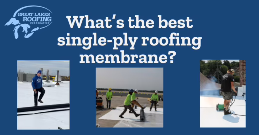 action shots of commercial roofers rolling out single-ply membrane