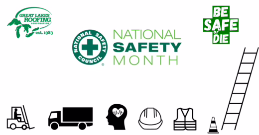 National Safety Month with icons of a forklift, delivery truck, mental health, hard hat, safety vest, and ladder safety.